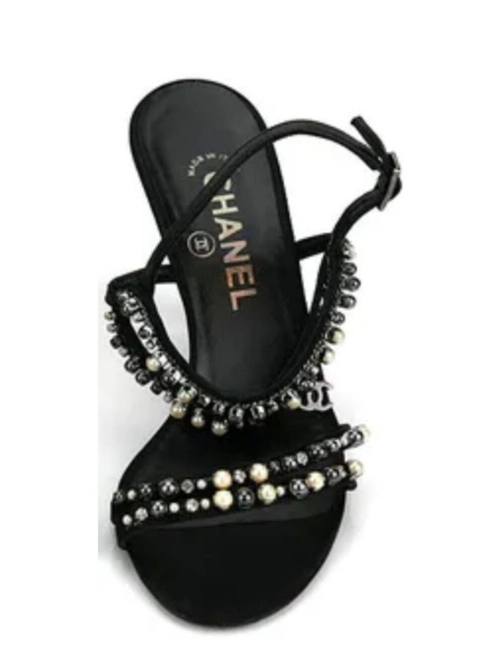 Authentic CHANEL Vintage Black Pearl & Crystal Embellished Strappy Sandals